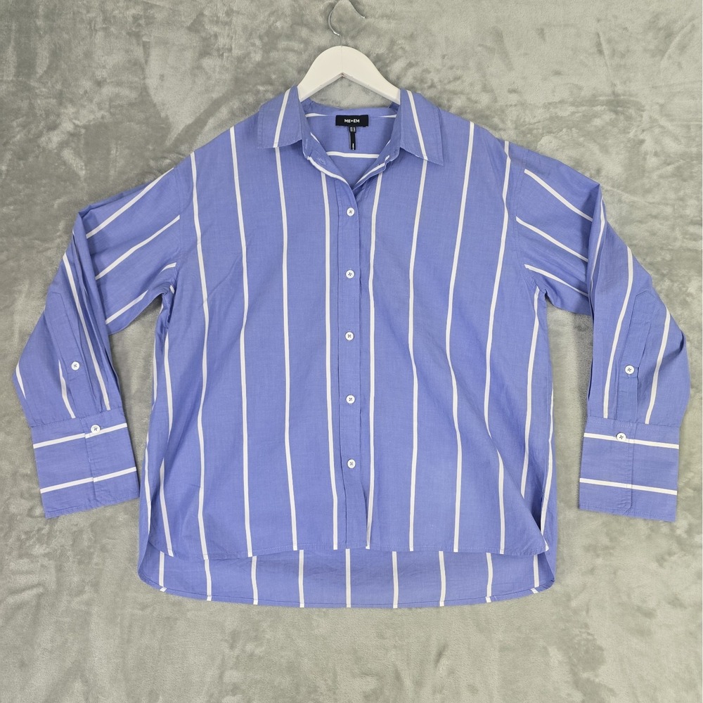 ME+EM Cotton Stripe Long Sleeve Shirt US 10 Blue White Boxy Oversized